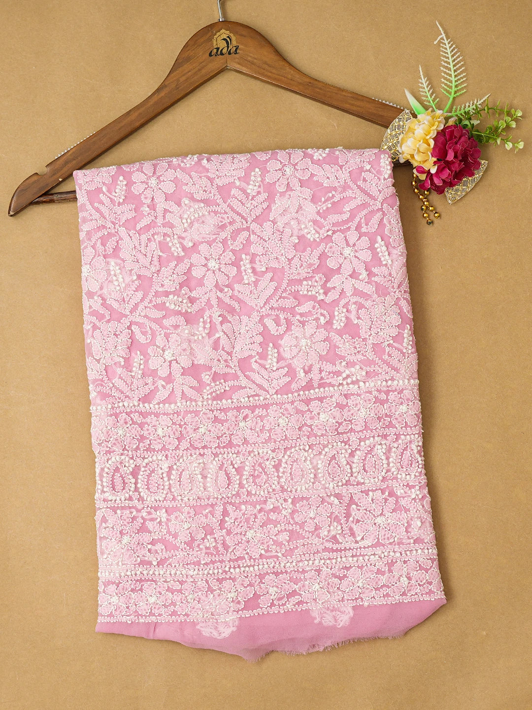 Ada Hand Embroidered Pink Georgette Lucknowi Chikankari Unstitched Kurta Piece 01A750002