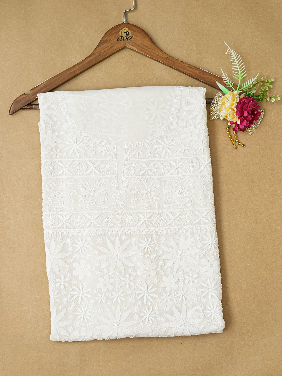 Ada Hand Embroidered White Pure Georgette Lucknowi Chikankari Unstitched Kurta Piece A21479