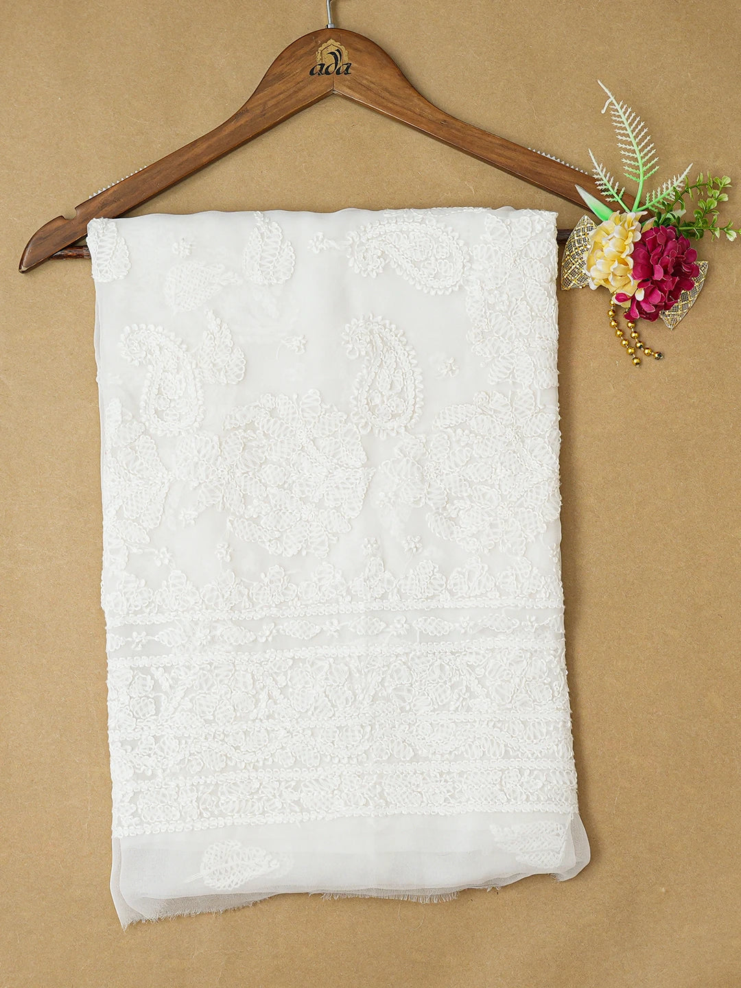 Ada Hand Embroidered White Georgette Lucknowi Chikankari Unstitched Kurta Piece 01A678702