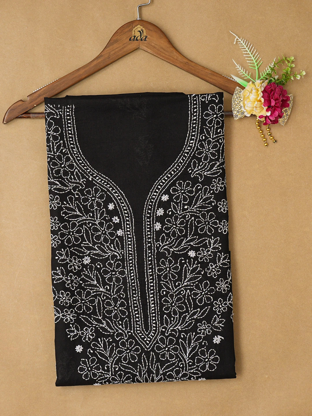 Ada Hand Embroidered Black Cotton Lucknowi Chikankari Unstitched Kurta Piece 01A725151