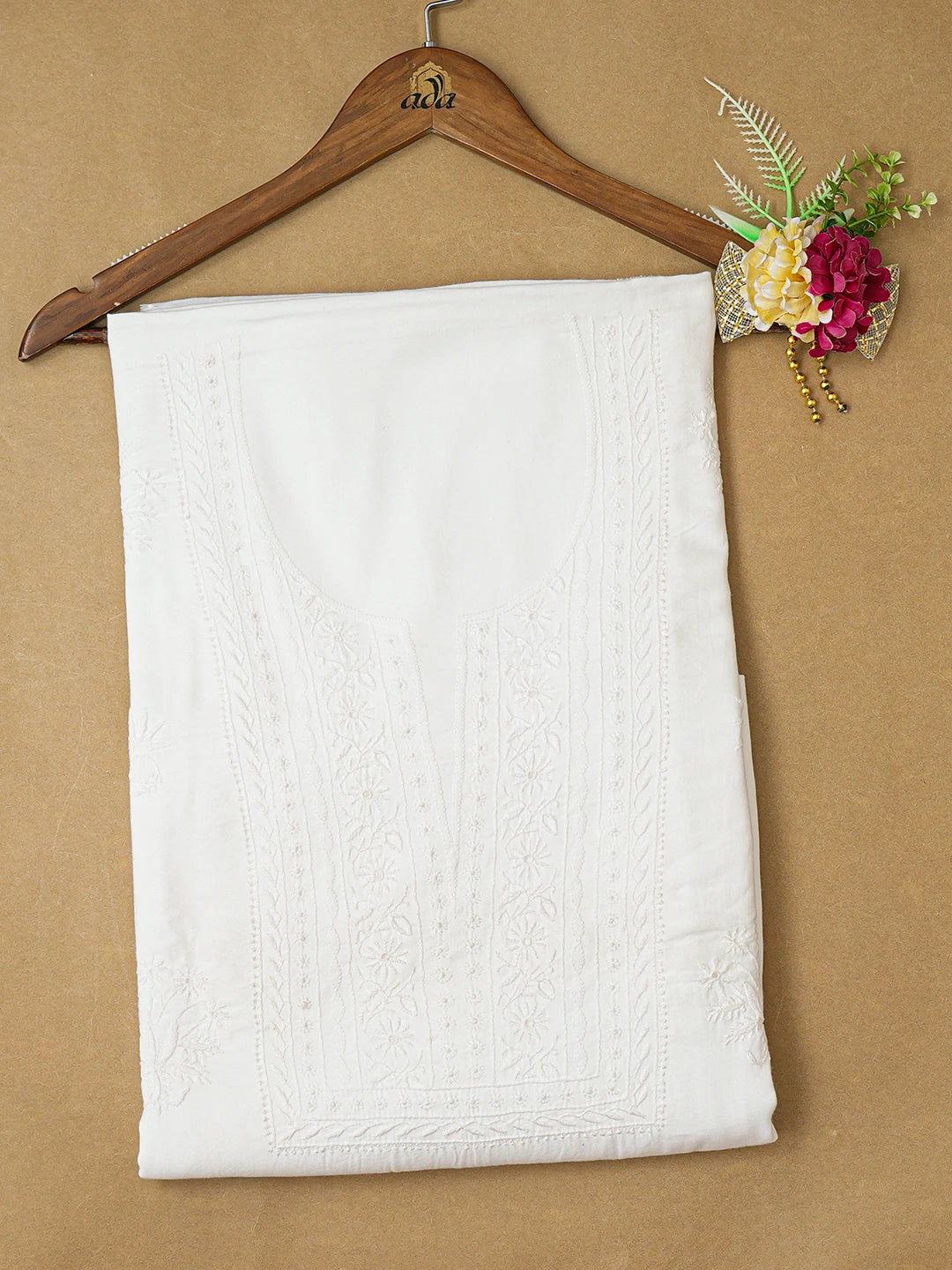 Ada Hand Embroidered White Cotton Lucknowi Chikankari Unstitched Kurta Piece A578241