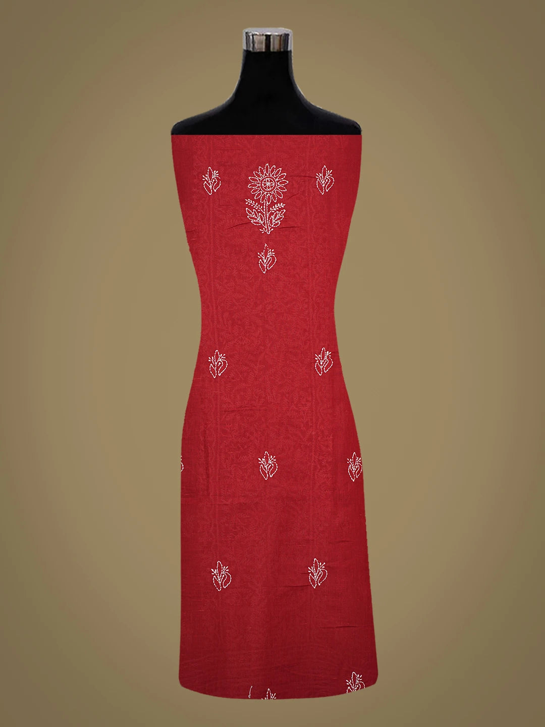 Ada Hand Embroidered Red Cotton Lucknowi Chikankari Unstitched Kurta Piece 01A724651