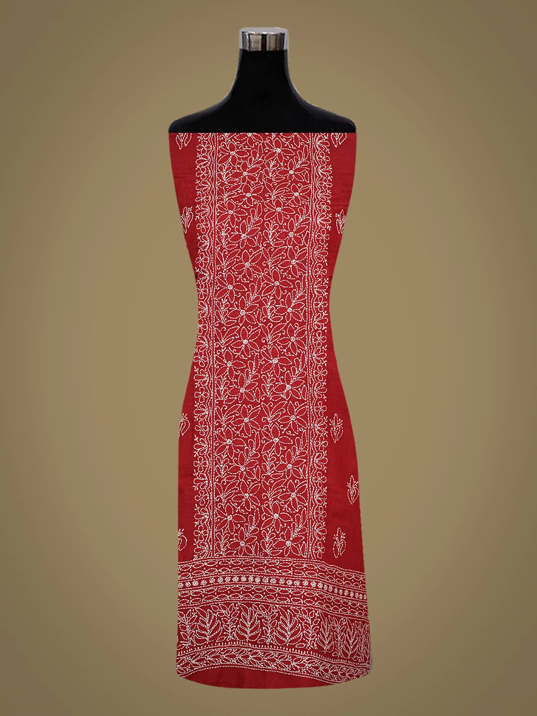 Ada Hand Embroidered Red Cotton Lucknowi Chikankari Unstitched Kurta Piece 01A724651