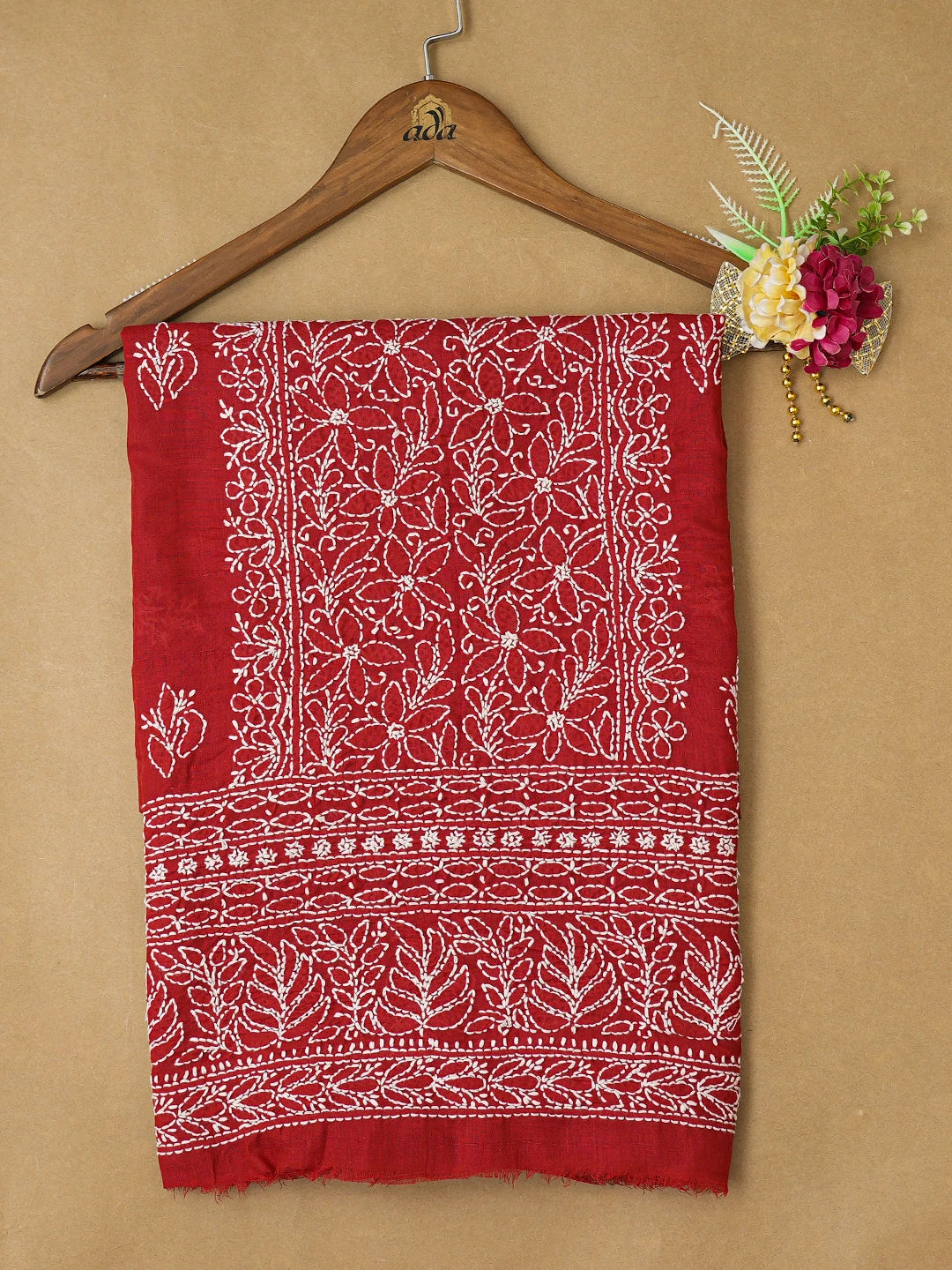 Ada Hand Embroidered Red Cotton Lucknowi Chikankari Unstitched Kurta Piece 01A724651