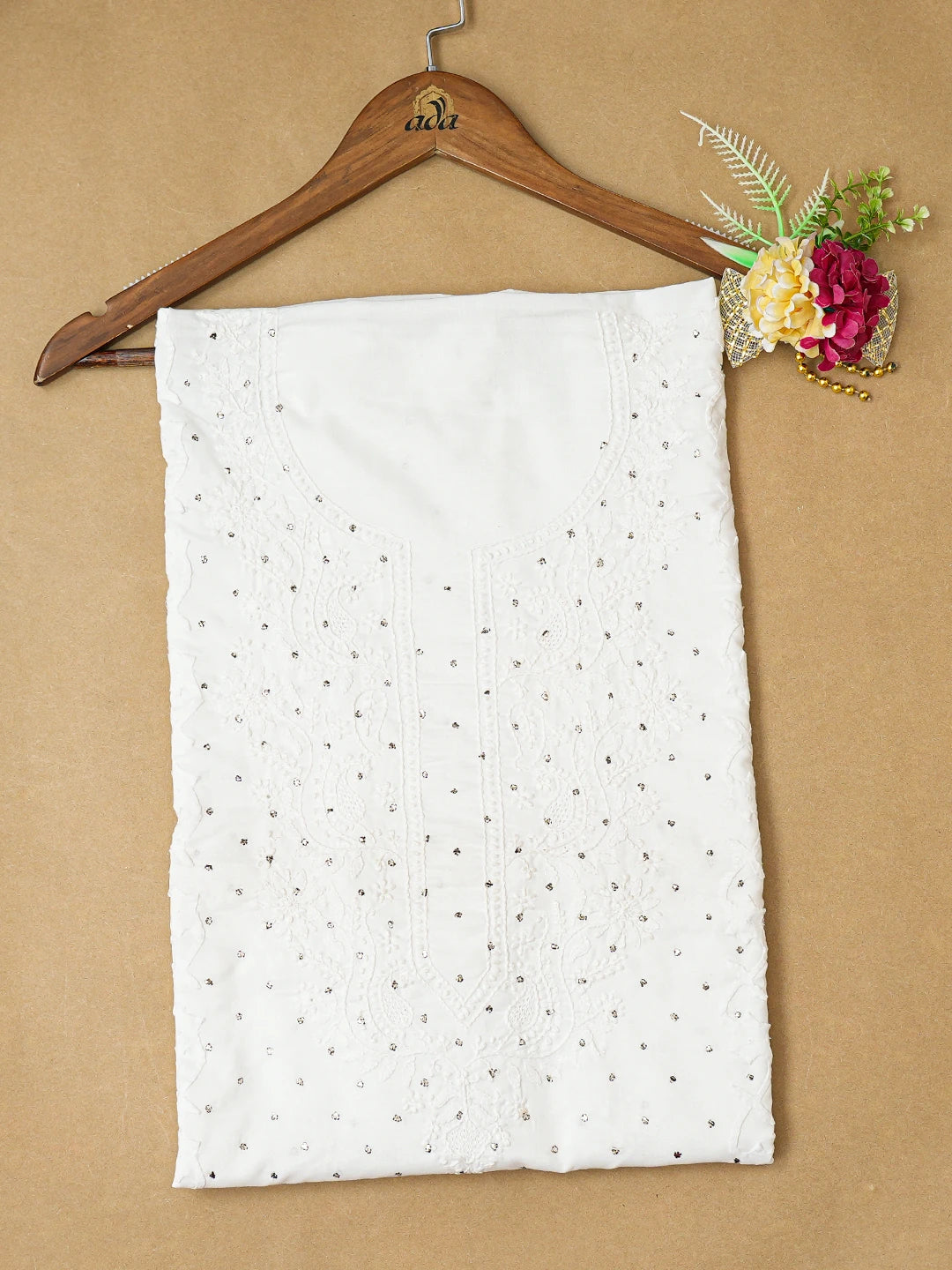 Ada Hand Embroidered White Cotton Lucknowi Chikankari Unstitched Kurta Piece With Mukaish Work A318835