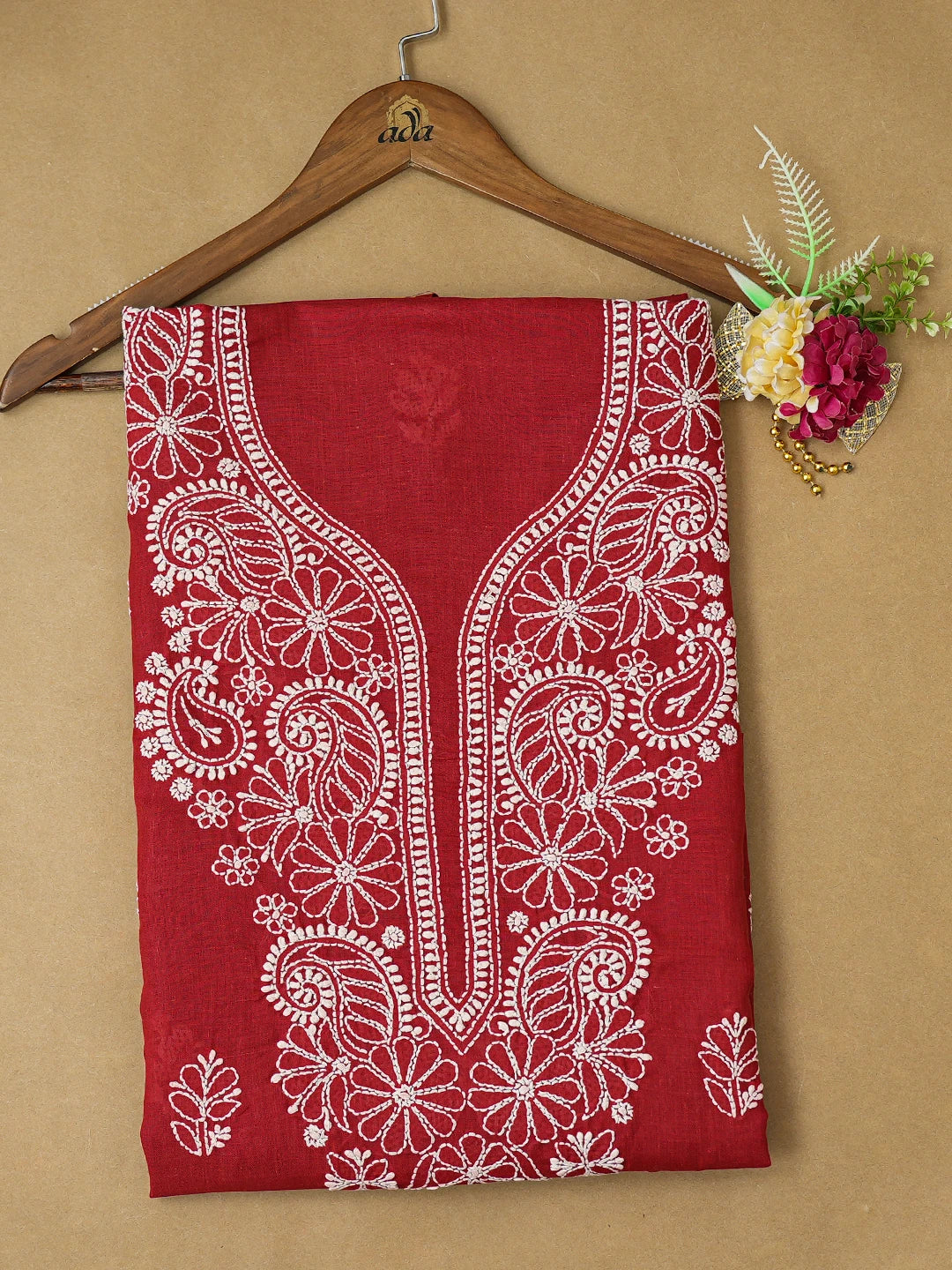 Ada Hand Embroidered Maroon Cotton Lucknowi Chikankari Unstitched Kurta Piece 01A759458
