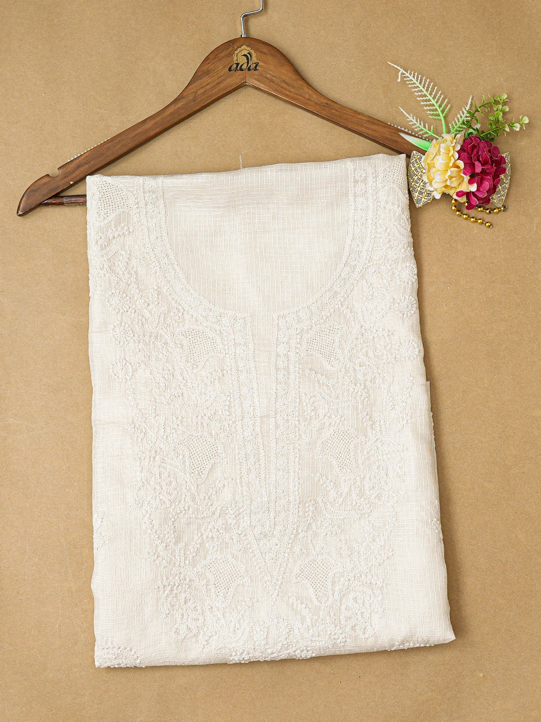 Ada Hand Embroidered Powder White Silk Lucknowi Chikankari Unstitched Kurta Piece 01A525388