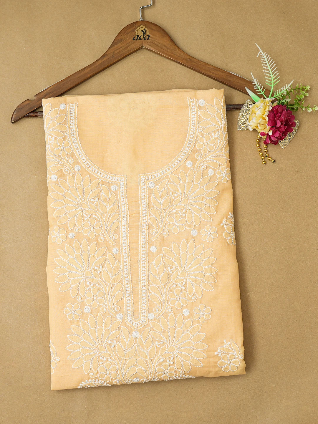 Ada Hand Embroidered Biscuit Yellow Cotton Lucknowi Chikankari Unstitched Kurta Piece 01A759461
