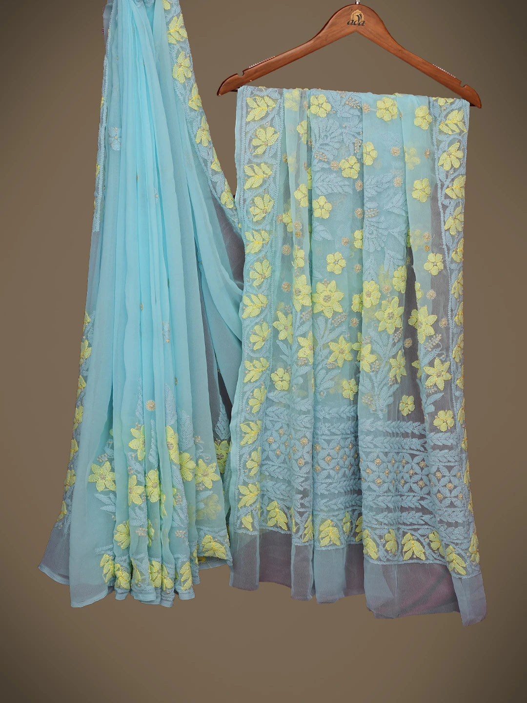 Ada Hand Embroidered Blue Georgette Lucknowi Chikankari Saree and Blouse 01A748603
