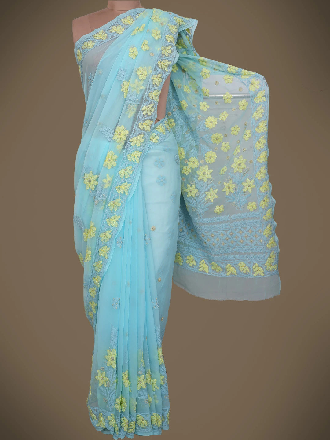 Ada Hand Embroidered Blue Georgette Lucknowi Chikankari Saree and Blouse 01A748603