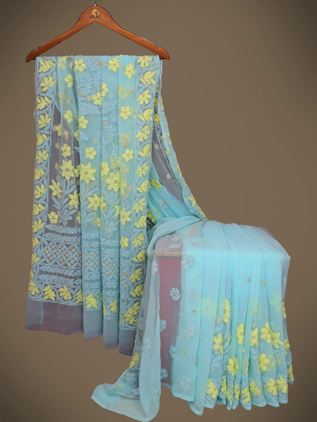 Ada Hand Embroidered Blue Georgette Lucknowi Chikankari Saree and Blouse 01A748603
