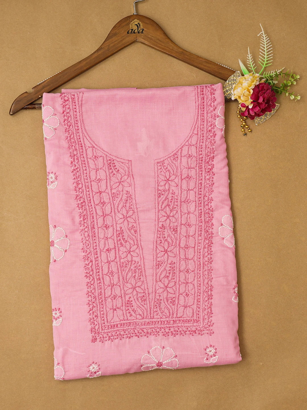Ada Hand Embroidered Pink Cotton Lucknowi Chikankari Unstitched Kurta Piece 01A735413