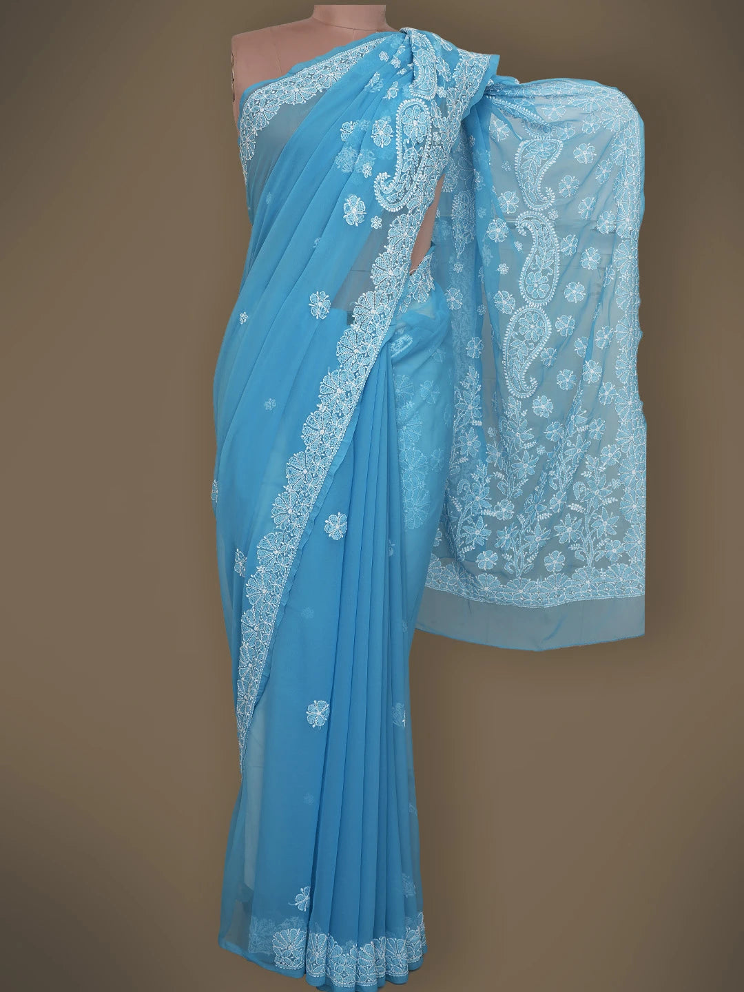 Ada Hand Embroidered Blue Georgette Lucknowi Chikankari Saree and Blouse 01A731617