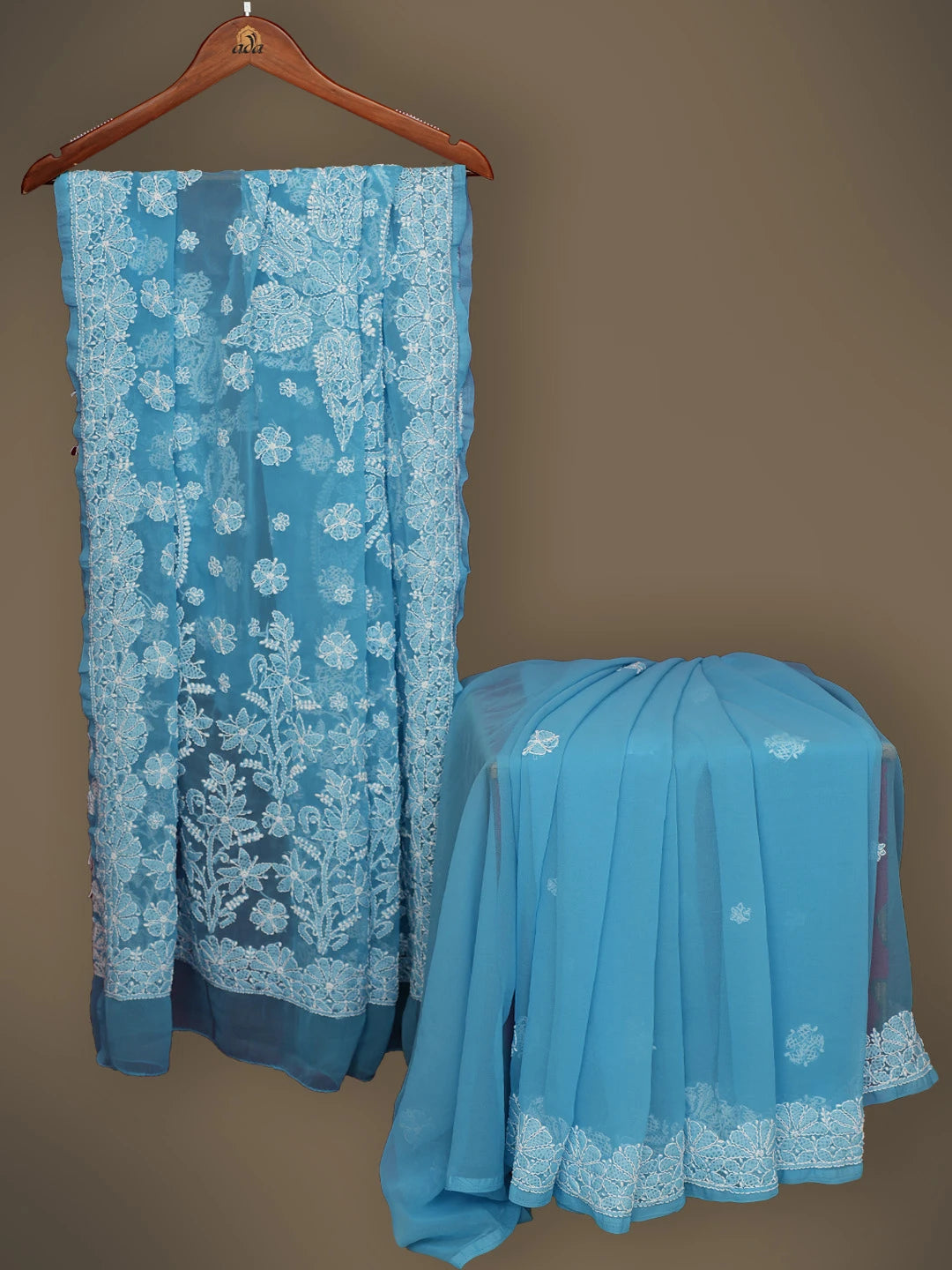 Ada Hand Embroidered Blue Georgette Lucknowi Chikankari Saree and Blouse 01A731617