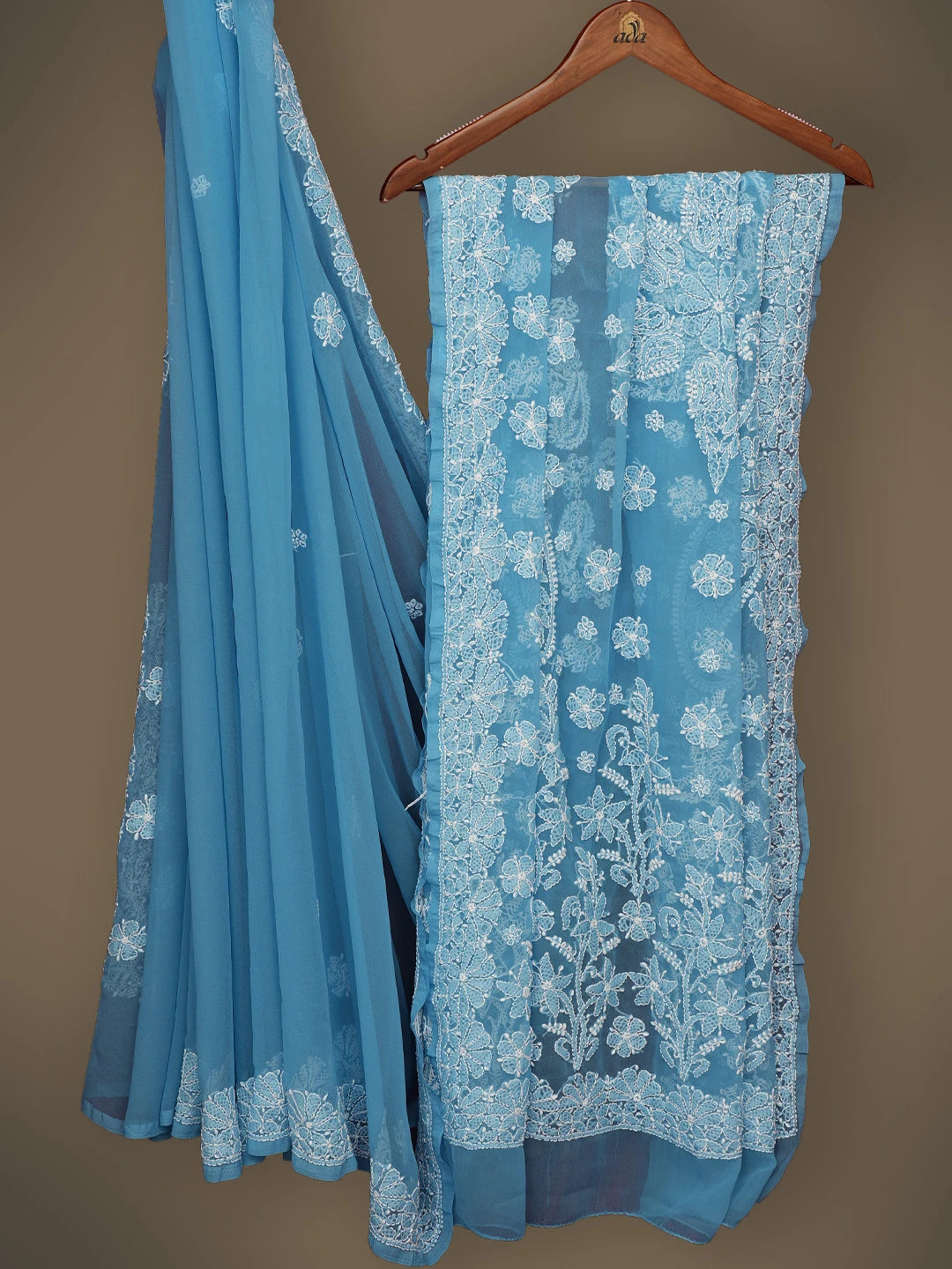 Ada Hand Embroidered Blue Georgette Lucknowi Chikankari Saree and Blouse 01A731617