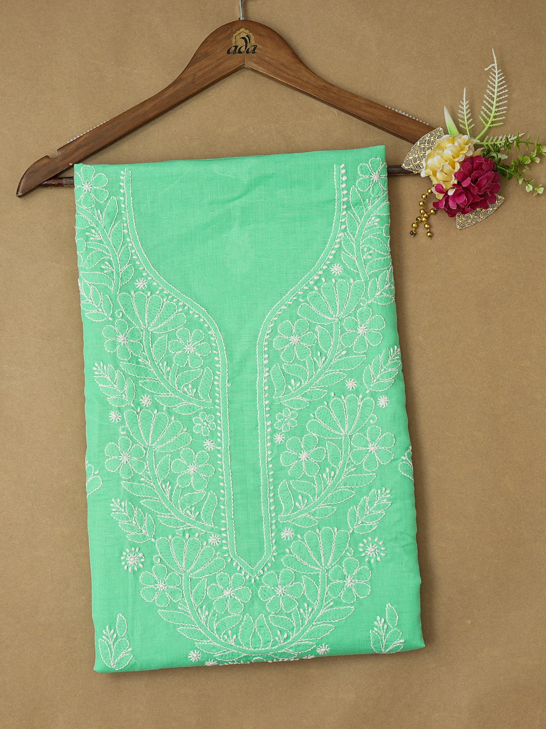 Ada Hand Embroidered Sea Green Cotton Lucknowi Chikankari Unstitched Kurta Piece 01A704028