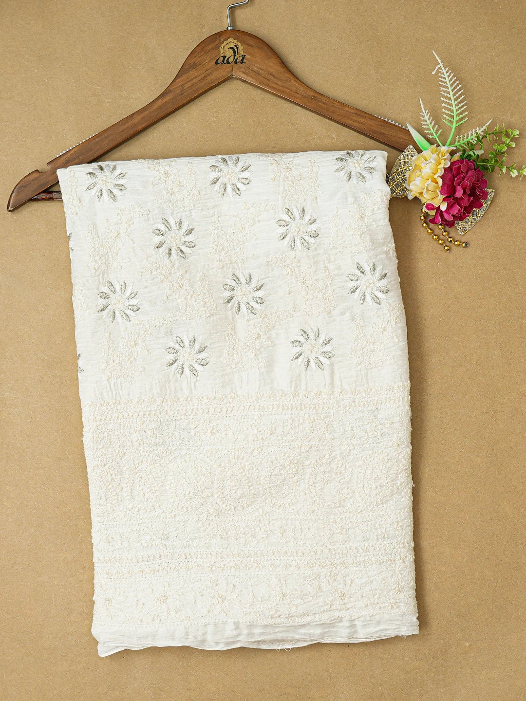 Ada Hand Embroidered White Chanderi Lucknowi Chikankari Unstitched Kurta Piece With Zari Work 01A192931