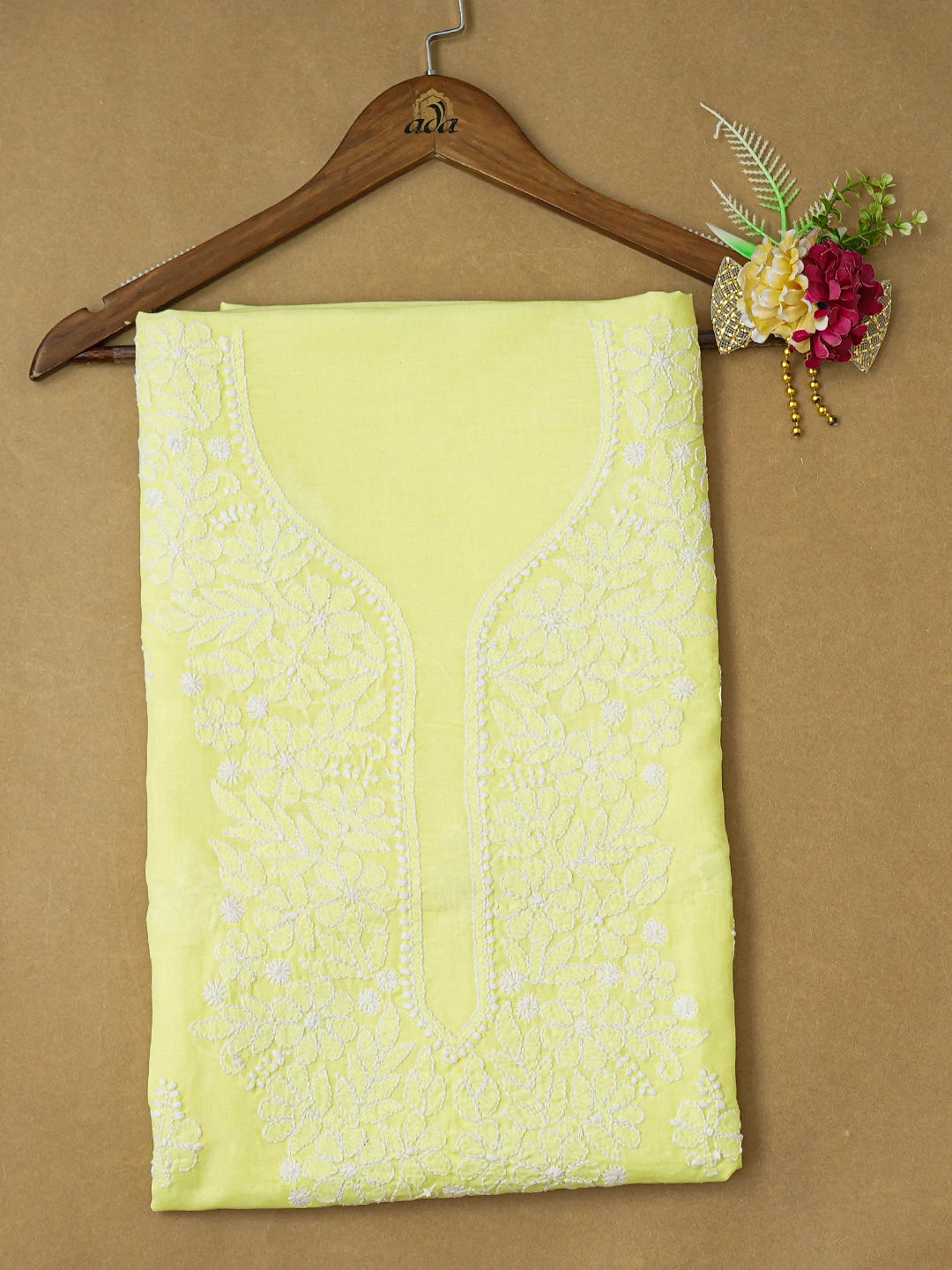 Ada Hand Embroidered Fluorescent Yellow Cotton Lucknowi Chikankari Unstitched Kurta Piece 01A724774