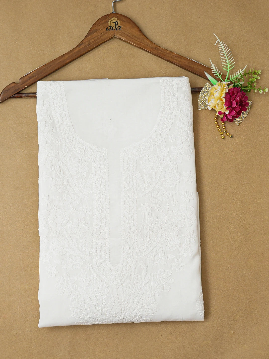 Ada Hand Embroidered White Cotton Lucknowi Chikankari Unstitched Kurta Piece 01A712077