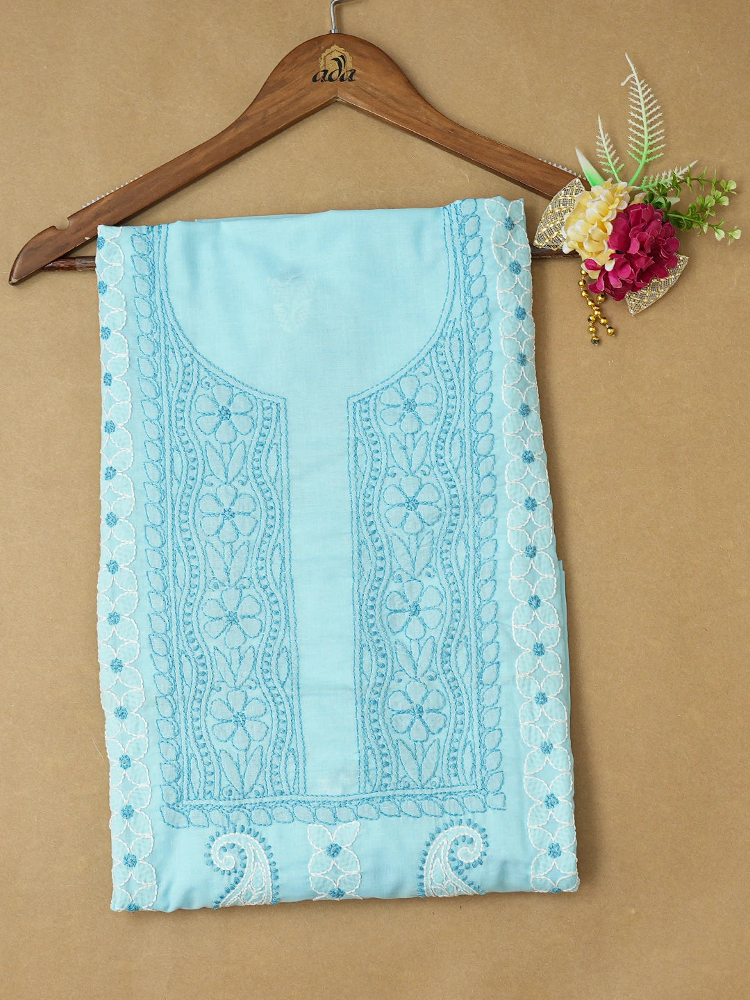 Ada Hand Embroidered Picton Blue Cotton Lucknowi Chikankari Unstitched Kurta Piece 01A735420
