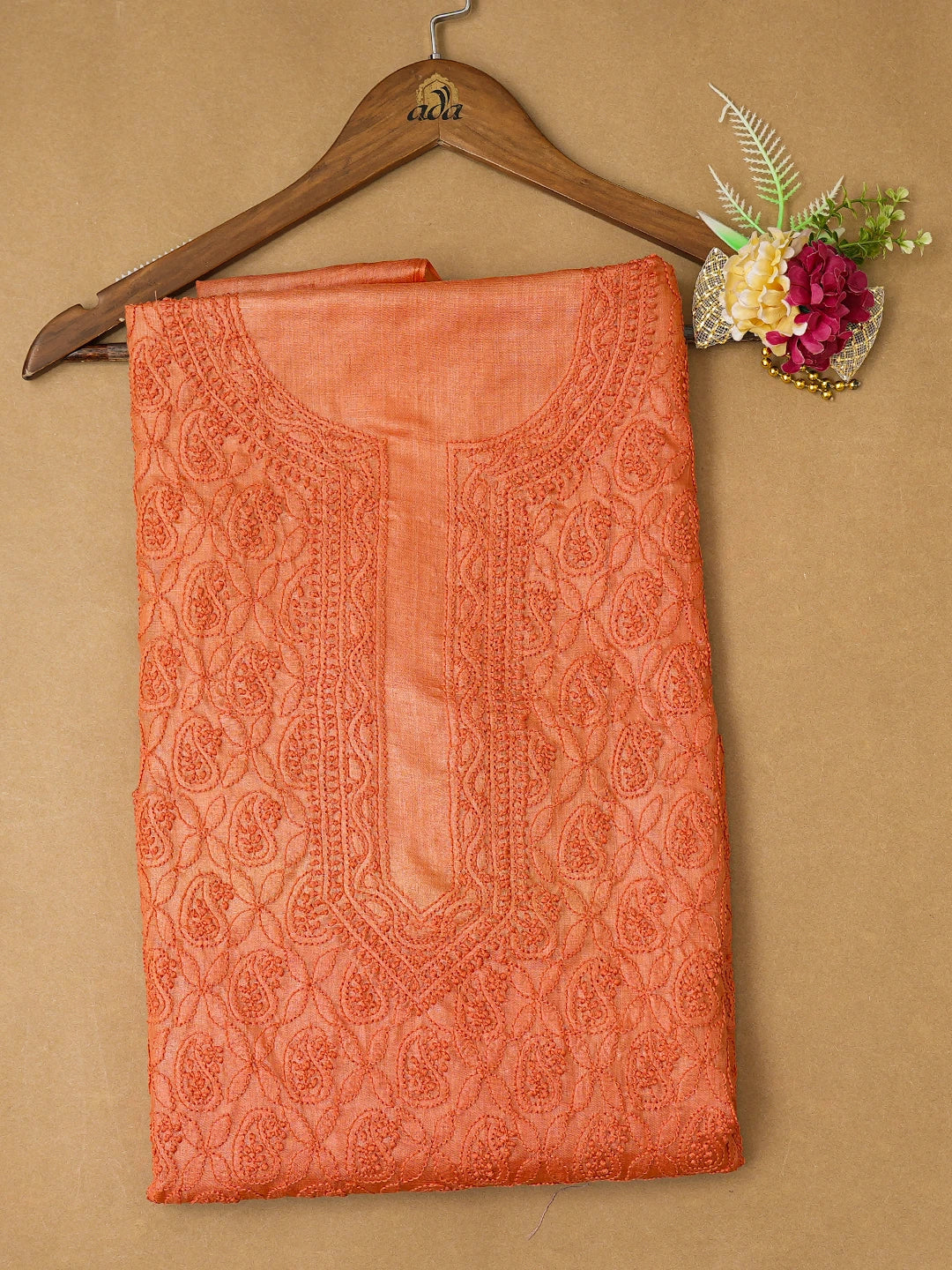 Ada Hand Embroidered Mahogany Orange Silk Lucknowi Chikankari Unstitched Kurta Piece 01A504836