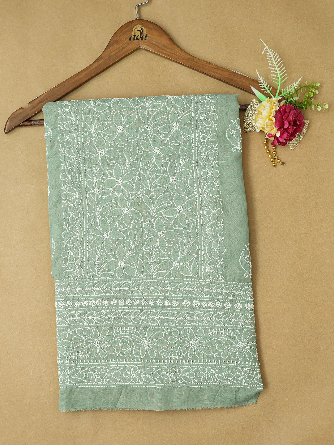 Ada Hand Embroidered Light Teal Green Cotton Lucknowi Chikankari Unstitched Kurta Piece 01A759427