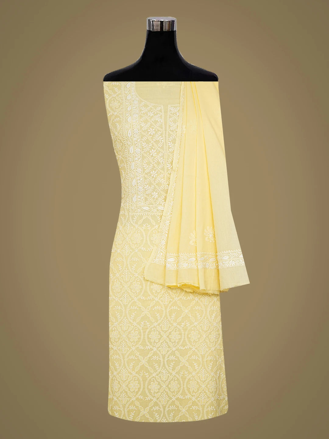 Ada Hand Embroidered Yellow Cotton Lucknowi Chikankari Unstitched Kurta Dupatta Set 01A628681