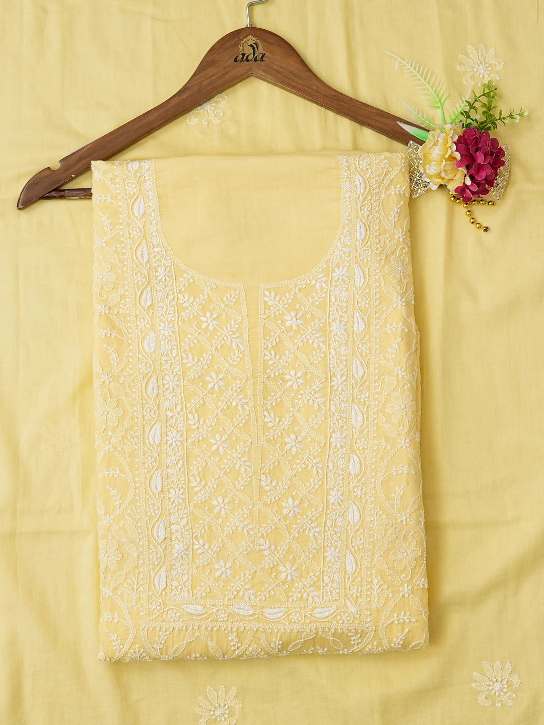 Ada Hand Embroidered Yellow Cotton Lucknowi Chikankari Unstitched Kurta Dupatta Set 01A628681