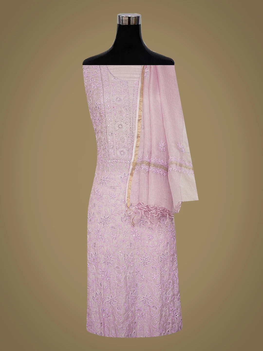 Ada Hand Embroidered Mauve Kota Lucknowi Chikankari Unstitched Kurta Dupatta Set With Cutdana Work 01A687715