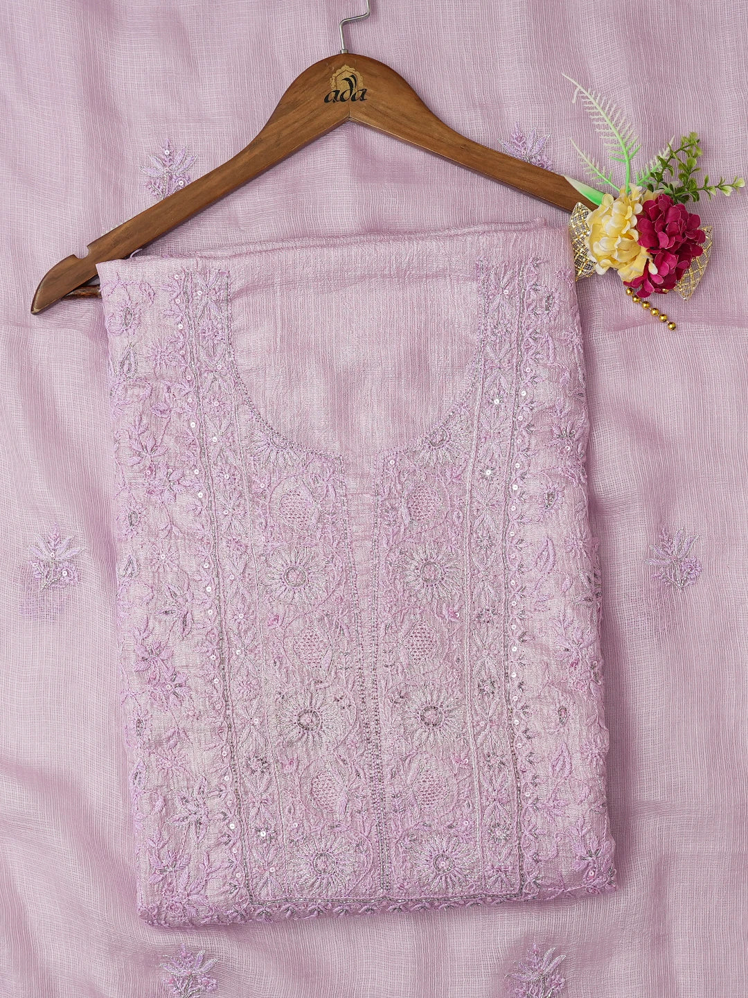 Ada Hand Embroidered Mauve Kota Lucknowi Chikankari Unstitched Kurta Dupatta Set With Cutdana Work 01A687715