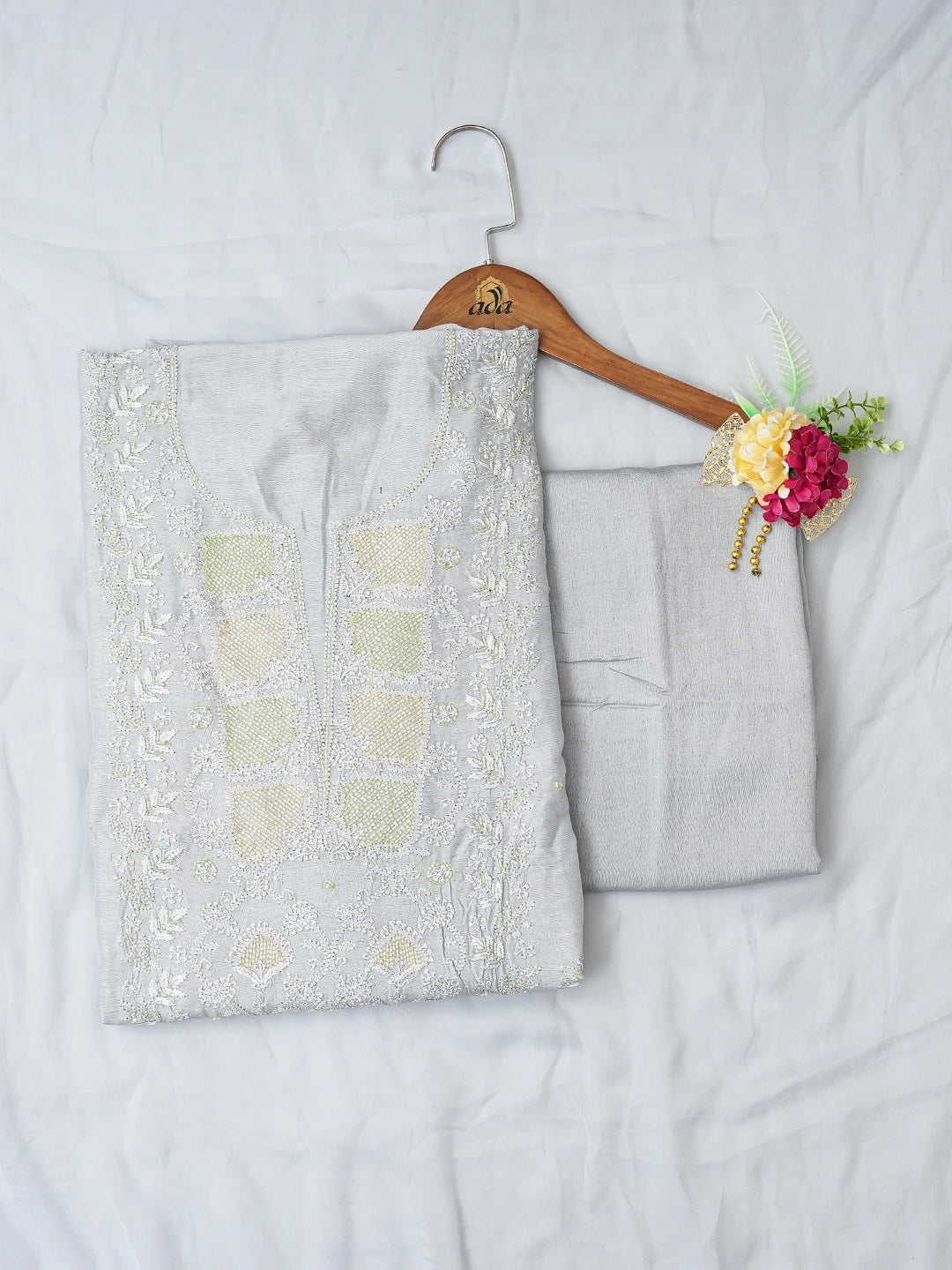 Ada Hand Embroidered Cadet Grey Muslin Lucknowi Chikankari Unstitched Suit Piece With Cutdana Work 01A746156
