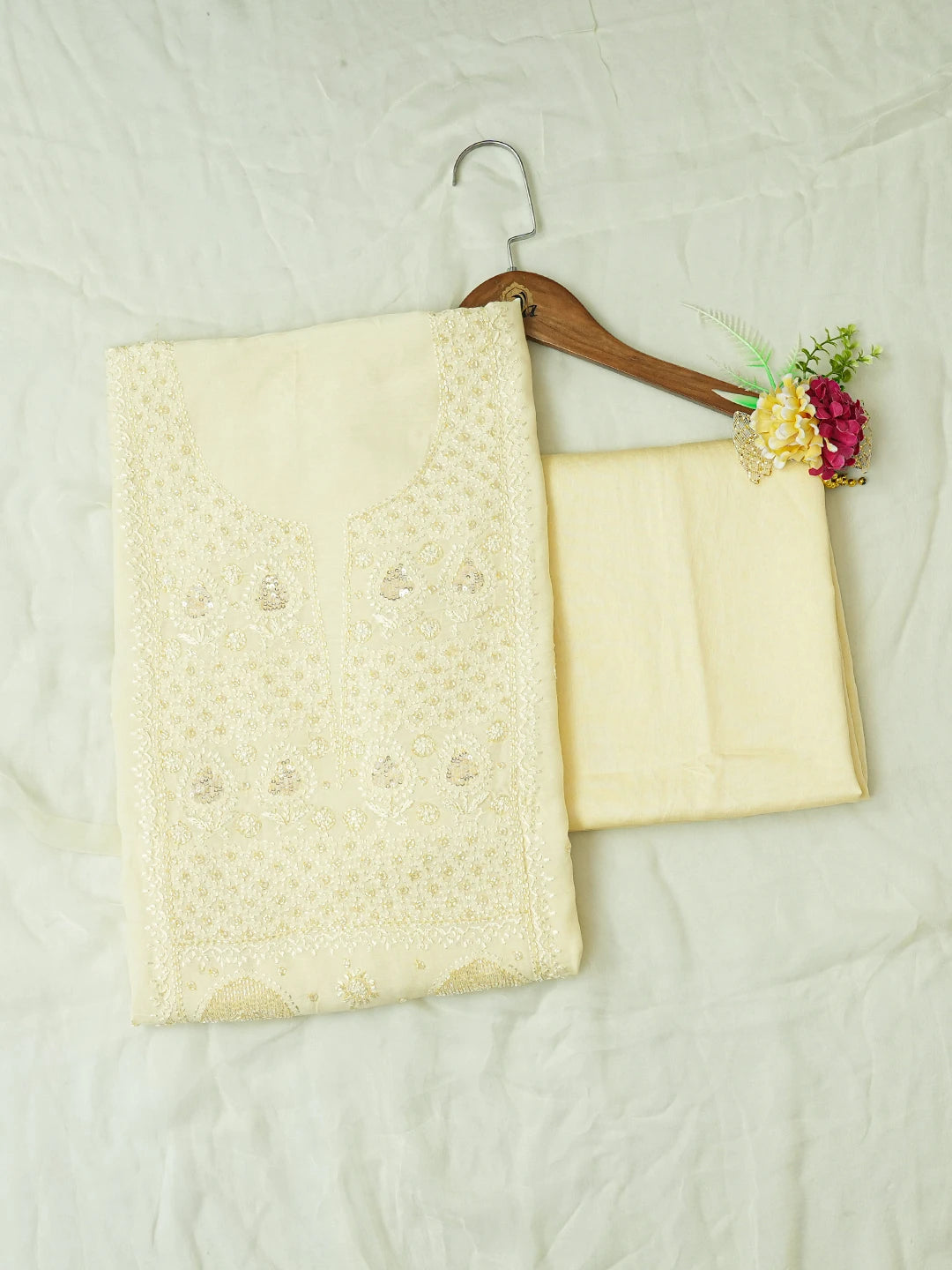 Ada Hand Embroidered Beige Muslin Lucknowi Chikankari Unstitched Suit Piece With Cutdana Work 01A746440