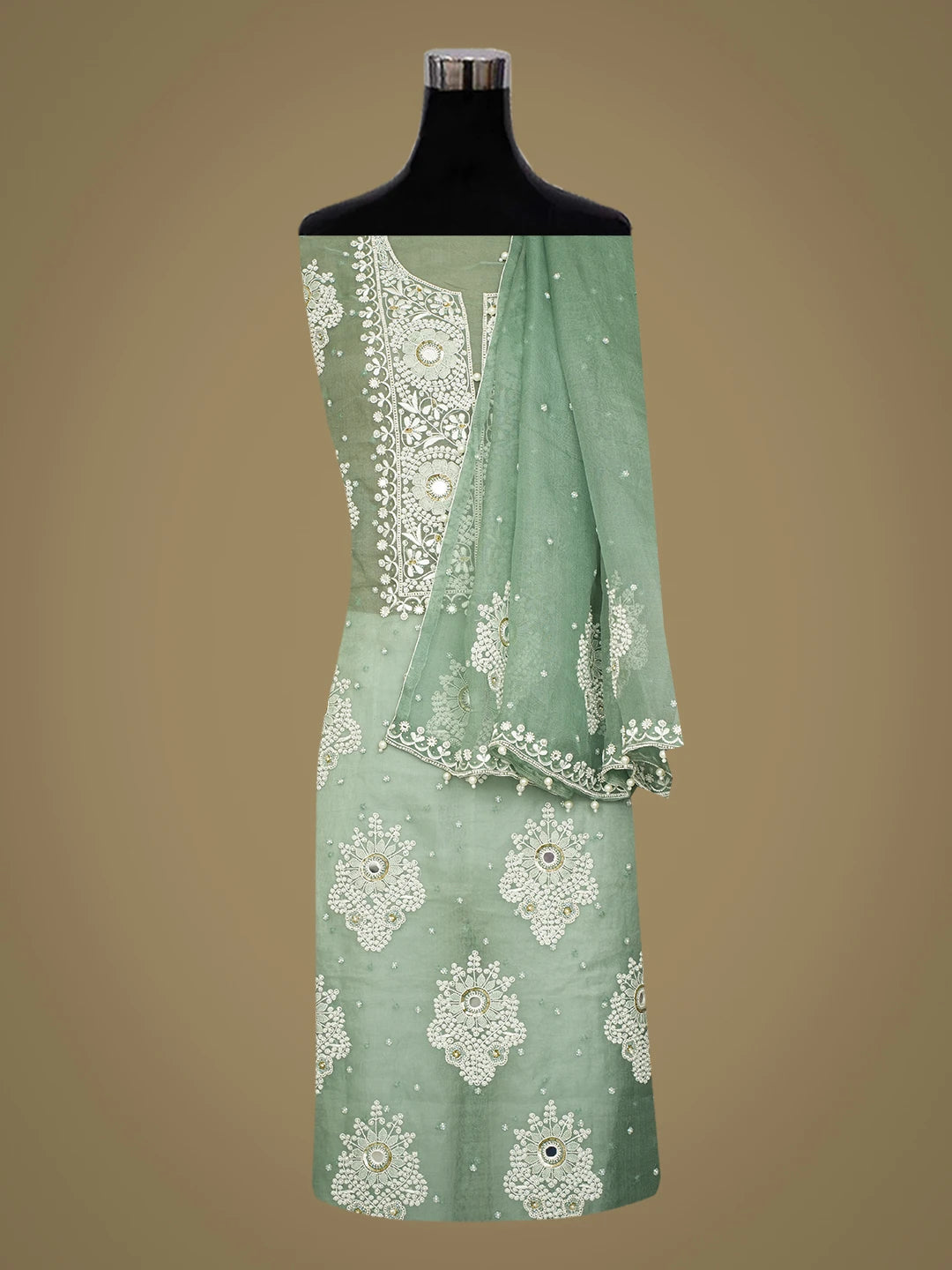 Ada Hand Embroidered Teal Green Organza Lucknowi Chikankari Unstitched Kurta Dupatta Set With Cutdana Work 01A723106
