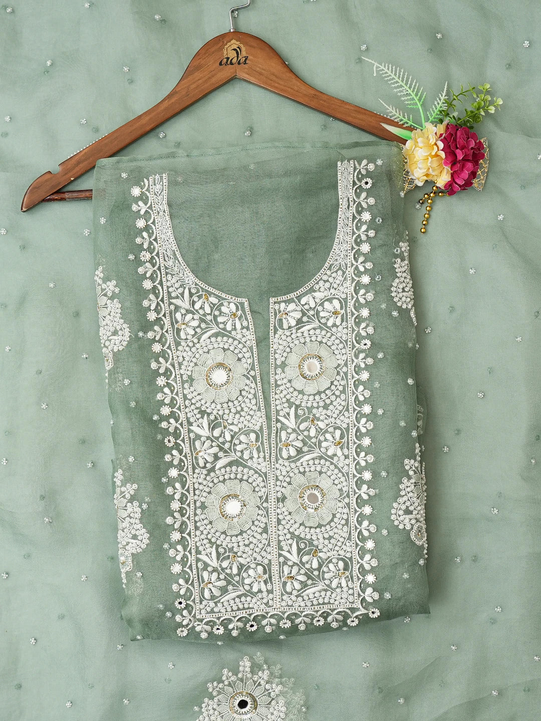 Ada Hand Embroidered Teal Green Organza Lucknowi Chikankari Unstitched Kurta Dupatta Set With Cutdana Work 01A723106