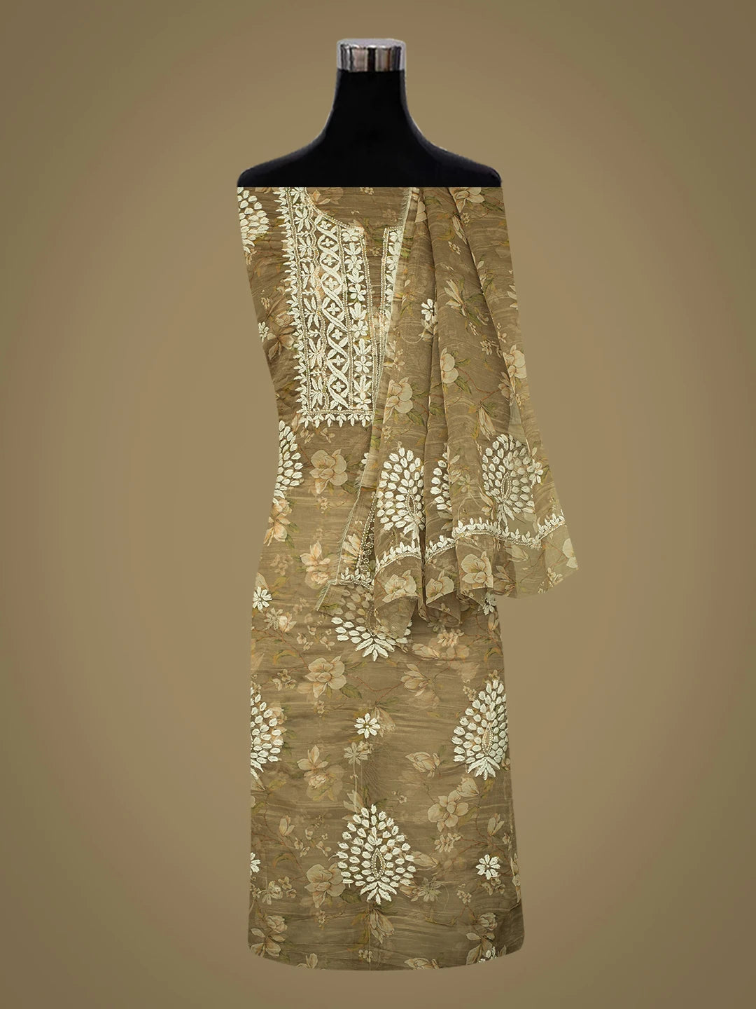 Ada Hand Embroidered Olive Green Organza Floral Printed Lucknowi Chikankari Unstitched Kurta Dupatta Set 01A736704