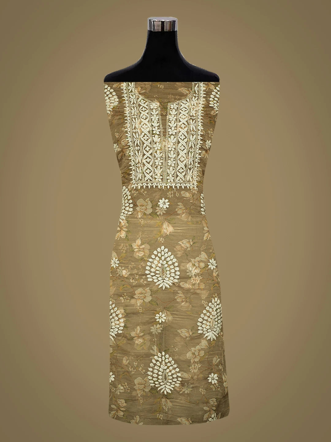 Ada Hand Embroidered Olive Green Organza Floral Printed Lucknowi Chikankari Unstitched Kurta Dupatta Set 01A736704