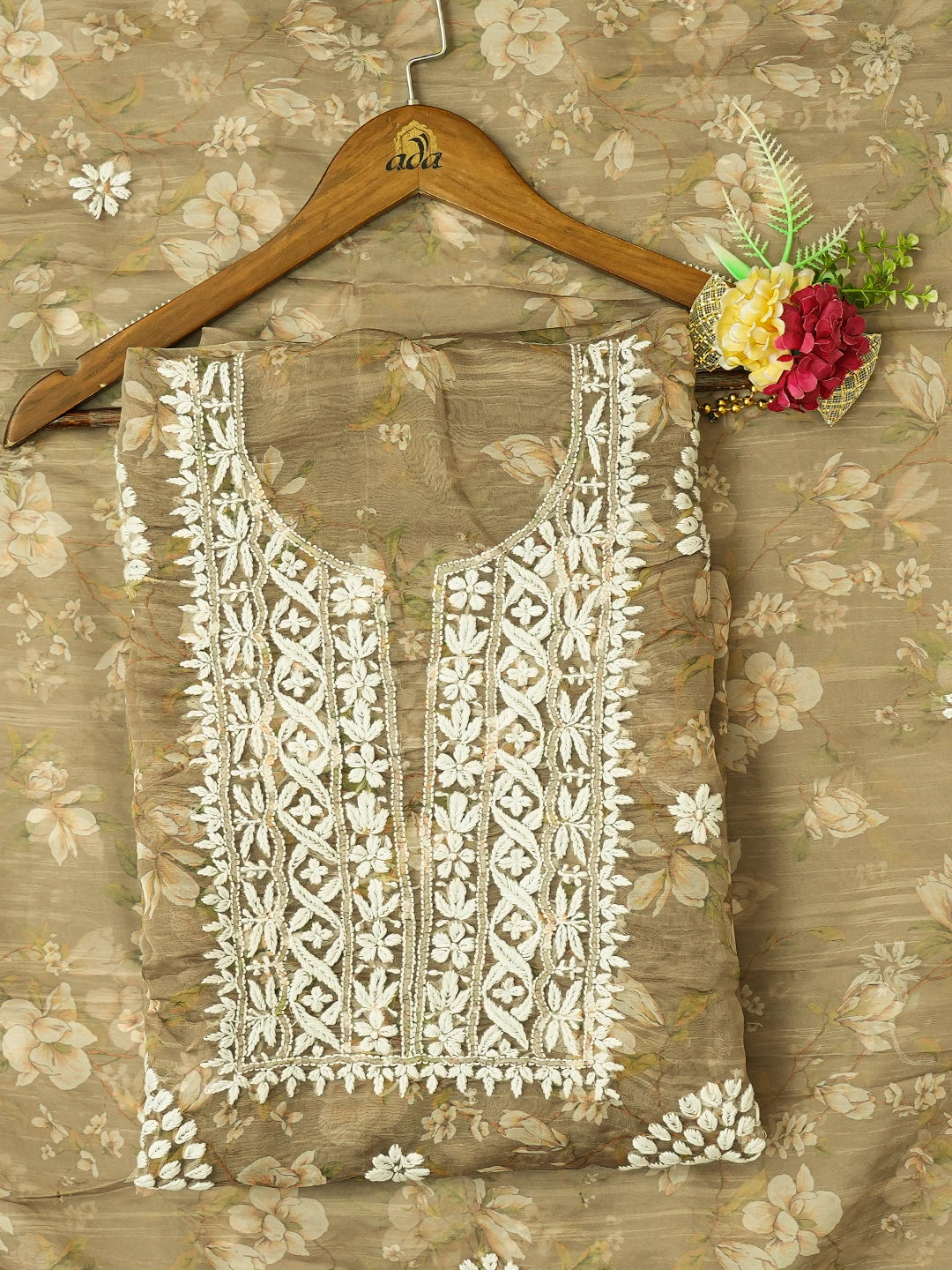 Ada Hand Embroidered Olive Green Organza Floral Printed Lucknowi Chikankari Unstitched Kurta Dupatta Set 01A736704