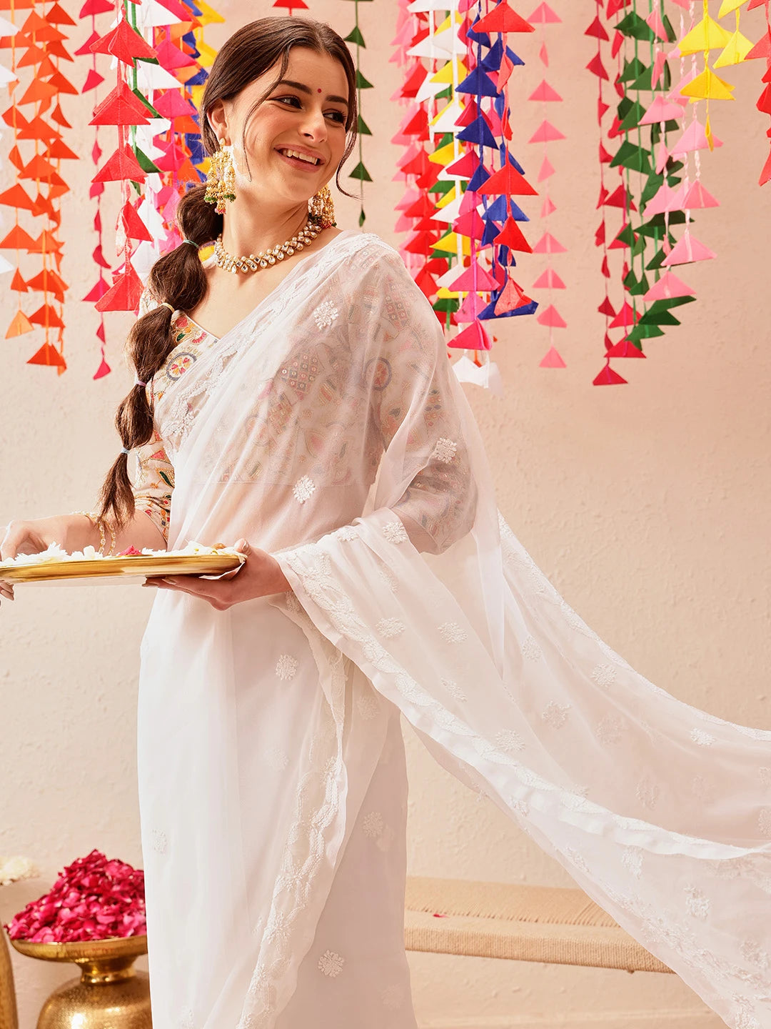 Ada Hand Embroidered White Georgette Lucknowi Chikankari Saree with Blouse A191492