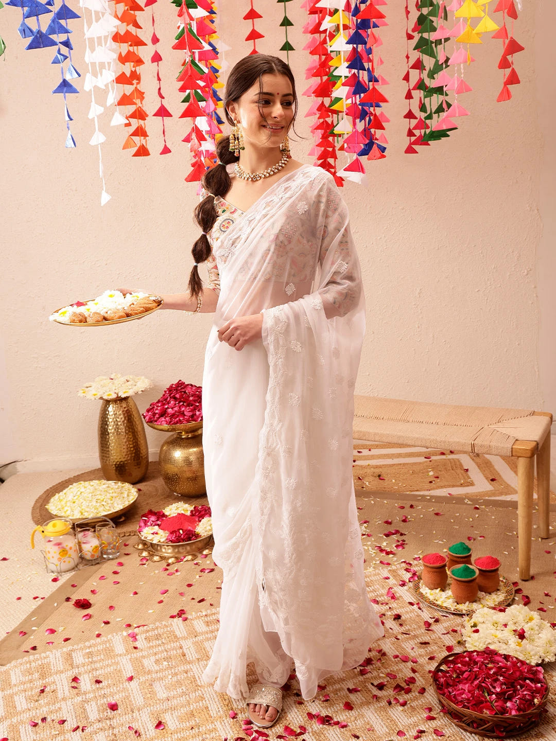 Ada Hand Embroidered White Georgette Lucknowi Chikankari Saree with Blouse A191492