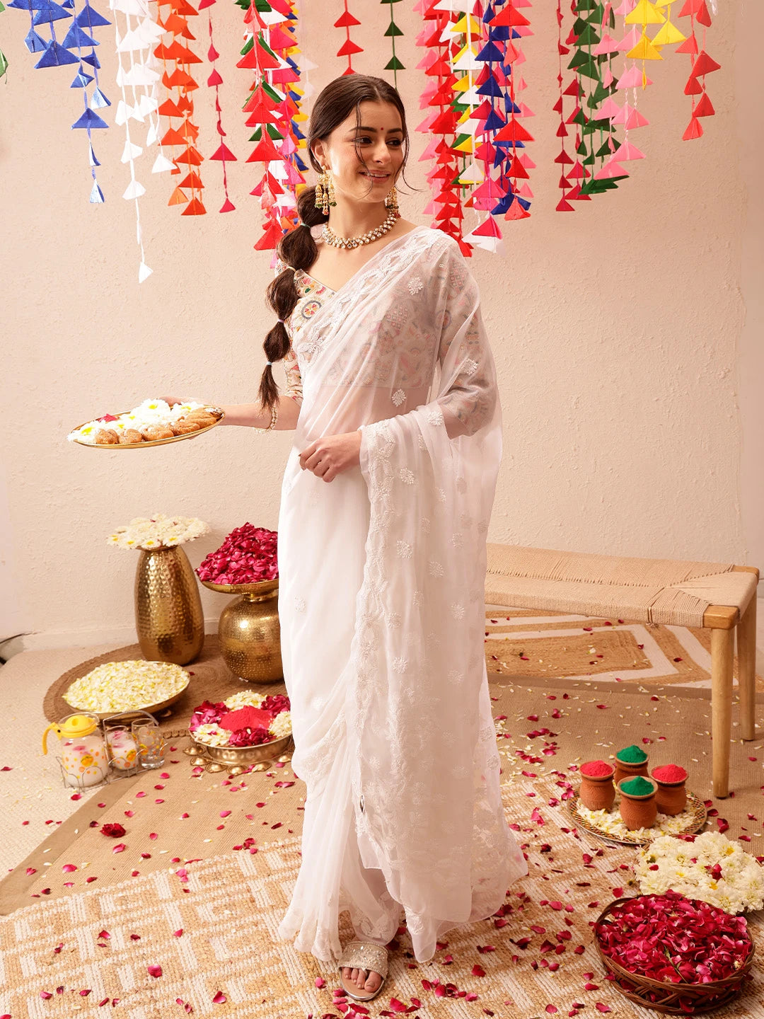 Ada Hand Embroidered White Georgette Lucknowi Chikankari Saree with Blouse A191492
