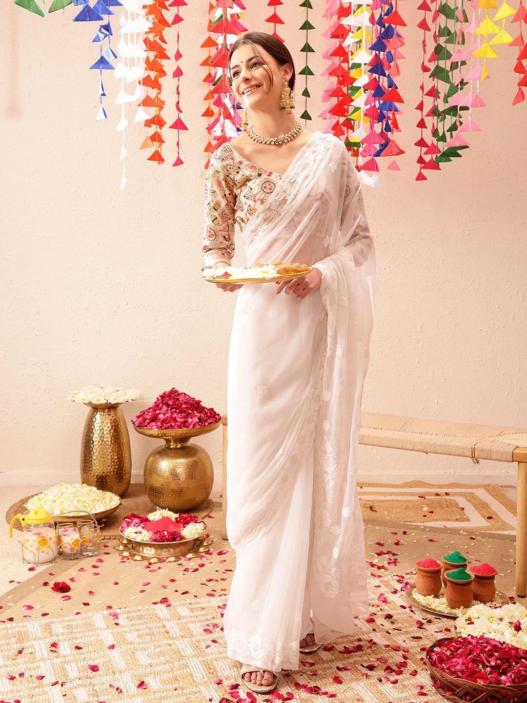 Ada Hand Embroidered White Georgette Lucknowi Chikankari Saree with Blouse A191492