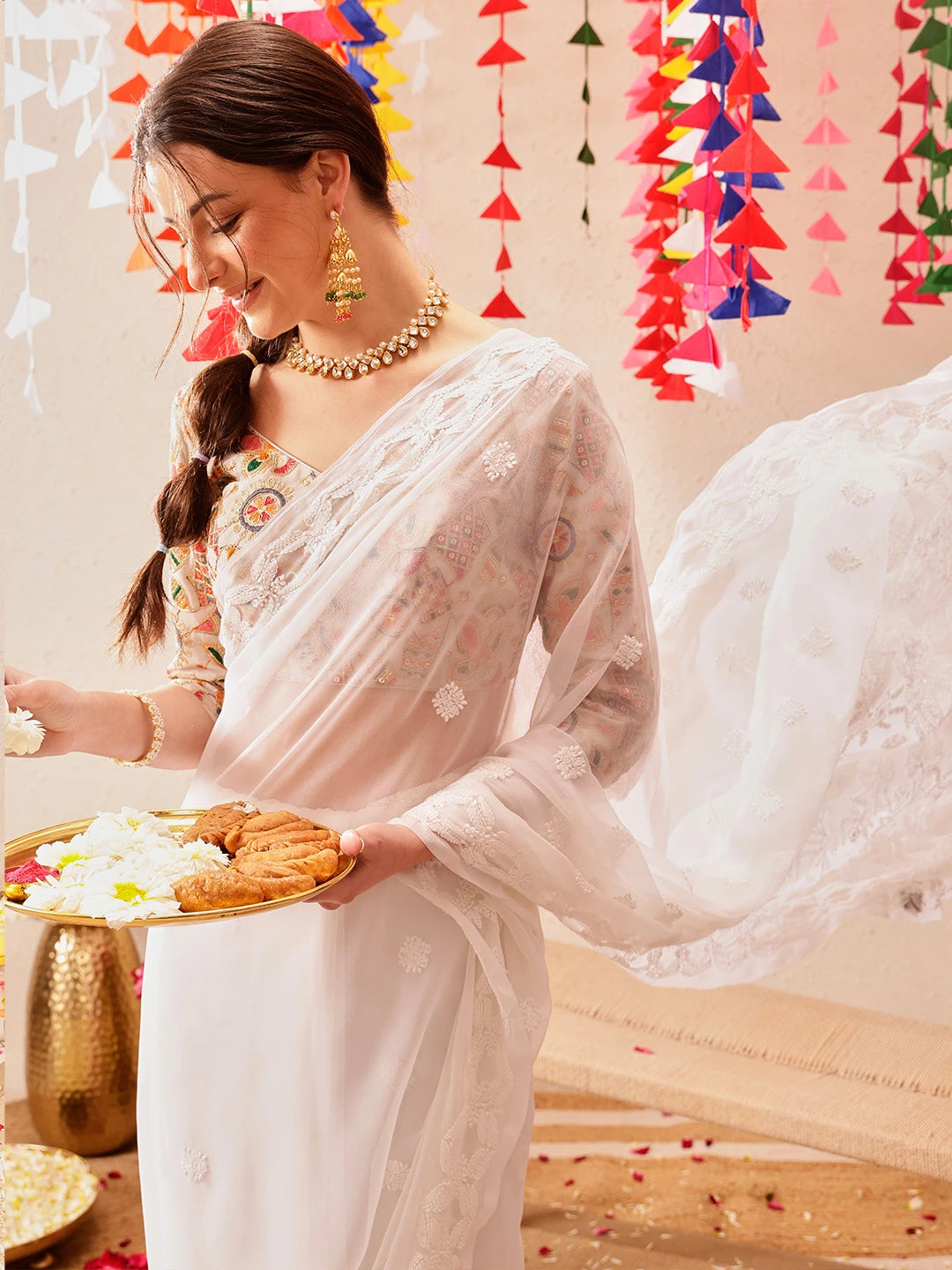 Ada Hand Embroidered White Georgette Lucknowi Chikankari Saree with Blouse A191492