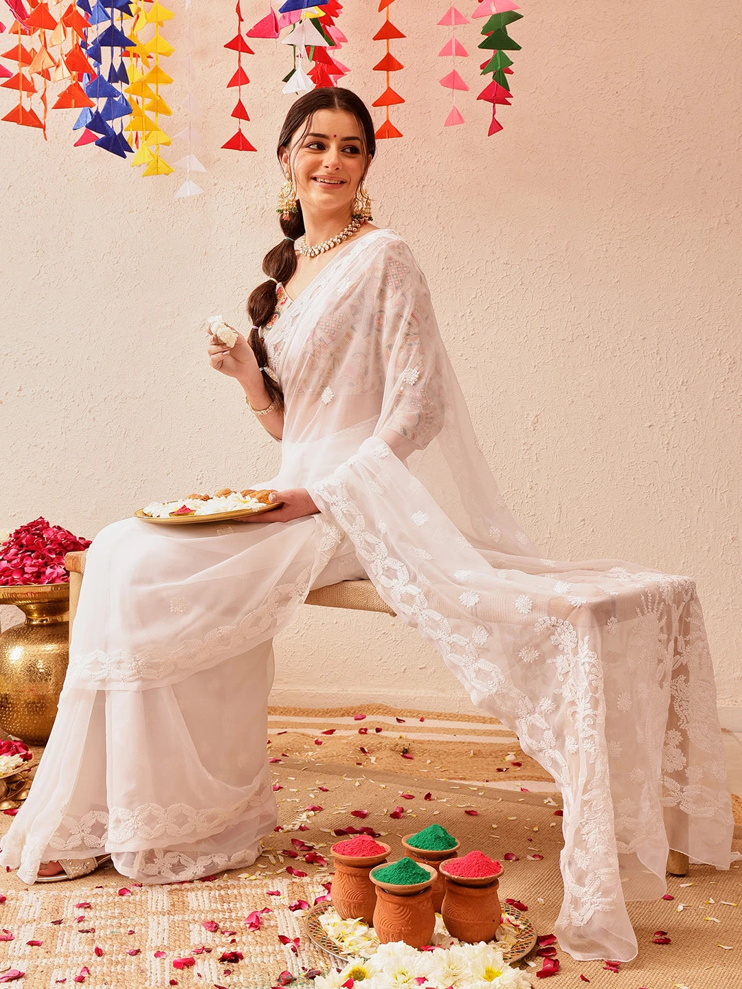 Ada Hand Embroidered White Georgette Lucknowi Chikankari Saree with Blouse A191492