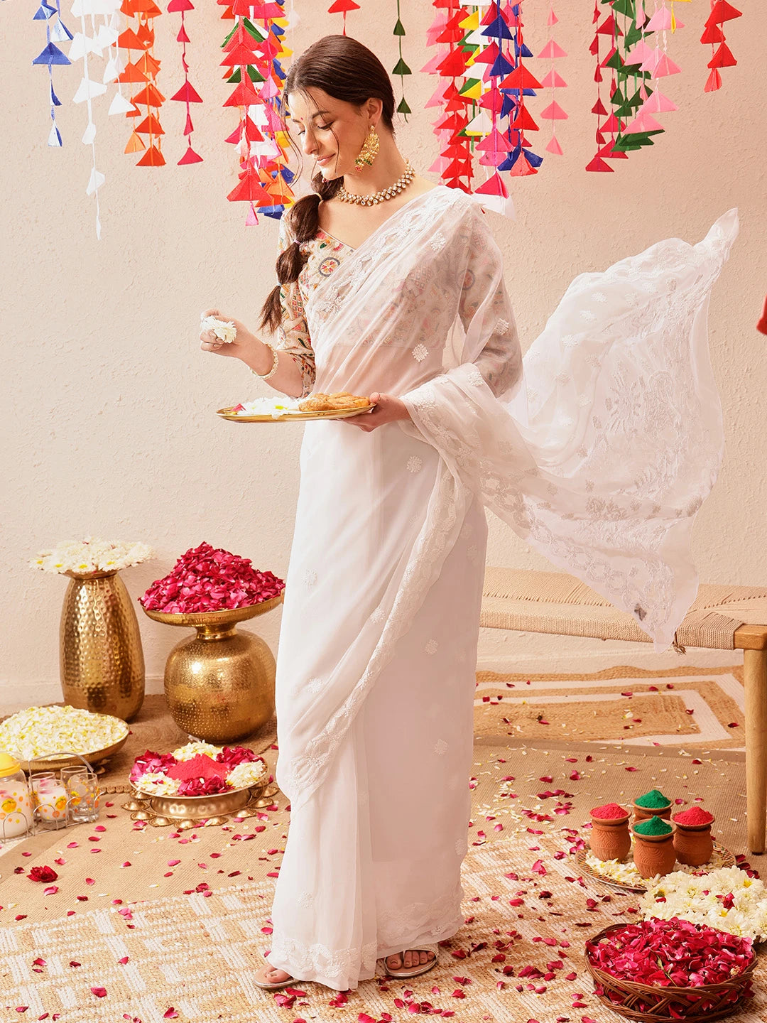 Ada Hand Embroidered White Georgette Lucknowi Chikankari Saree with Blouse A191492