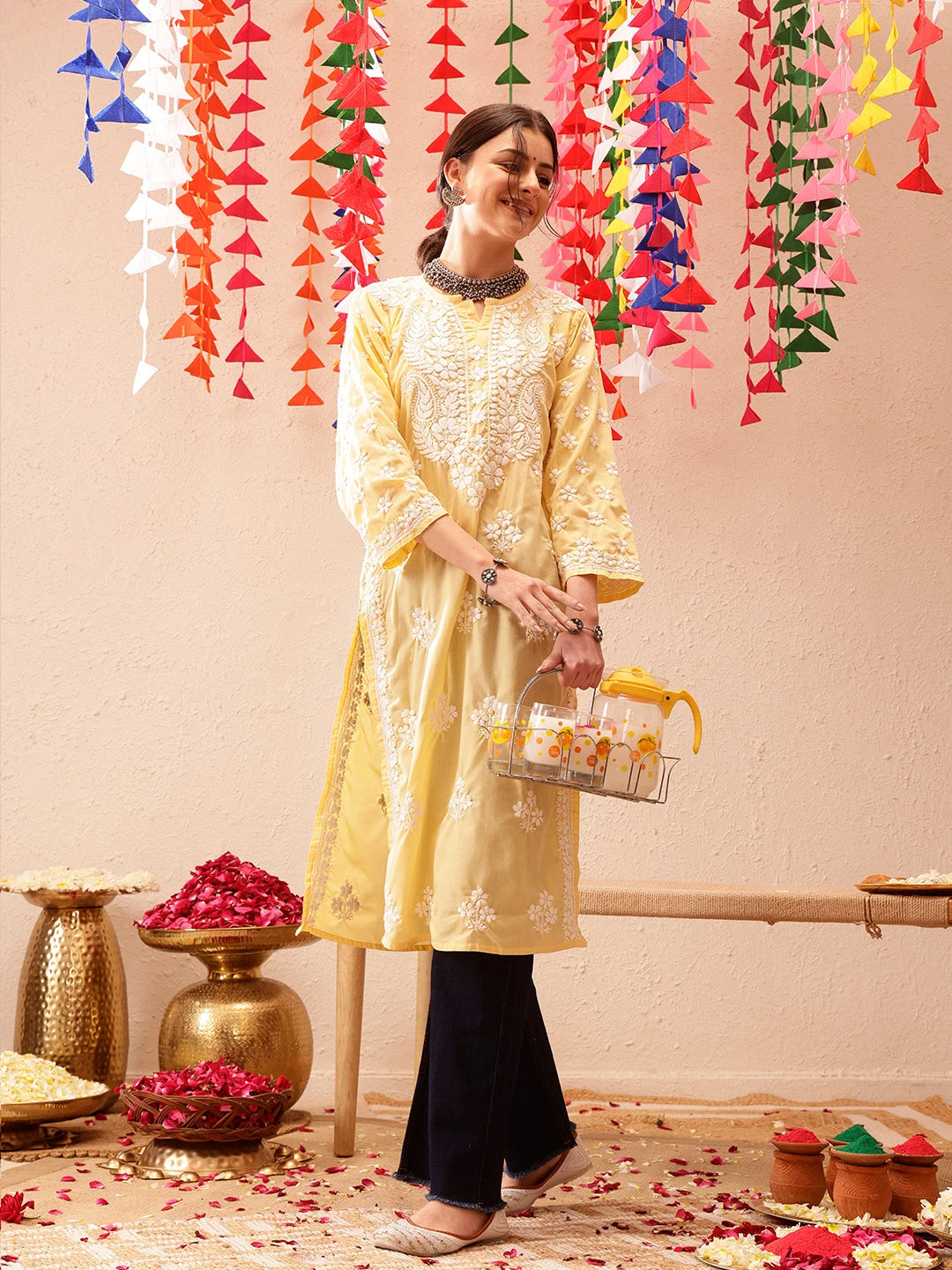 Ada Hand Embroidered Yellow Cotton Lucknowi Chikankari Straight Kurta A411696