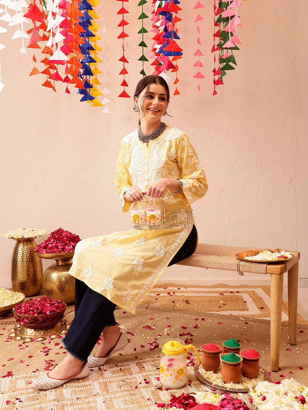 Ada Hand Embroidered Yellow Cotton Lucknowi Chikankari Straight Kurta A411696