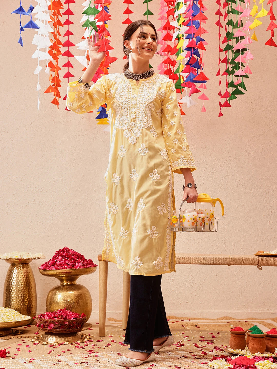 Ada Hand Embroidered Yellow Cotton Lucknowi Chikankari Straight Kurta A411696