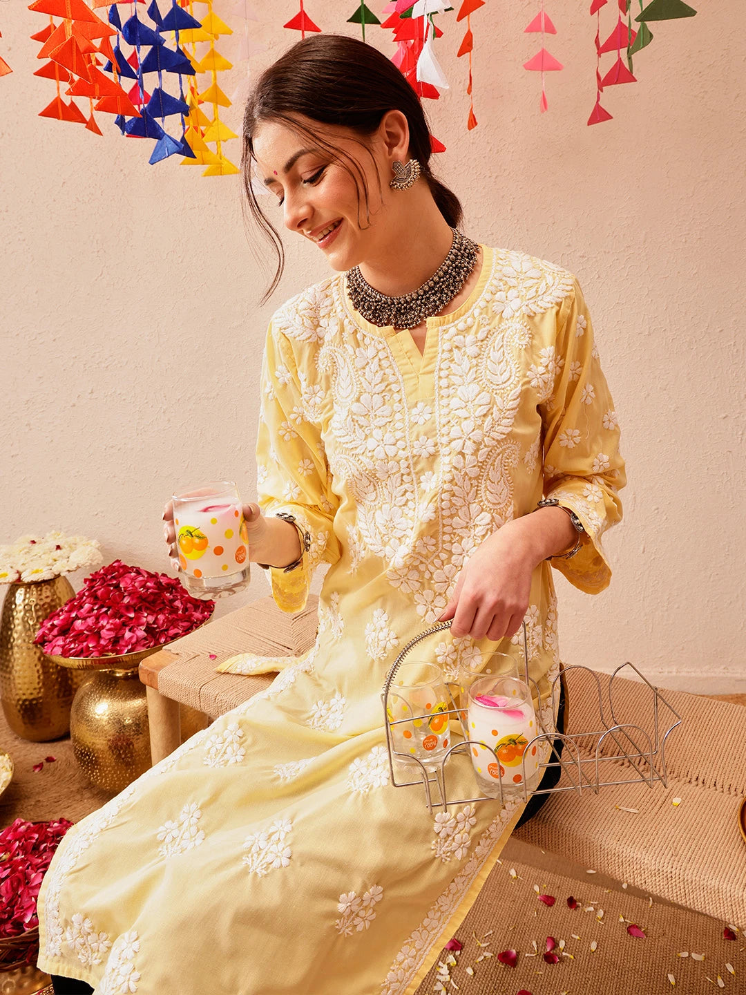 Ada Hand Embroidered Yellow Cotton Lucknowi Chikankari Straight Kurta A411696