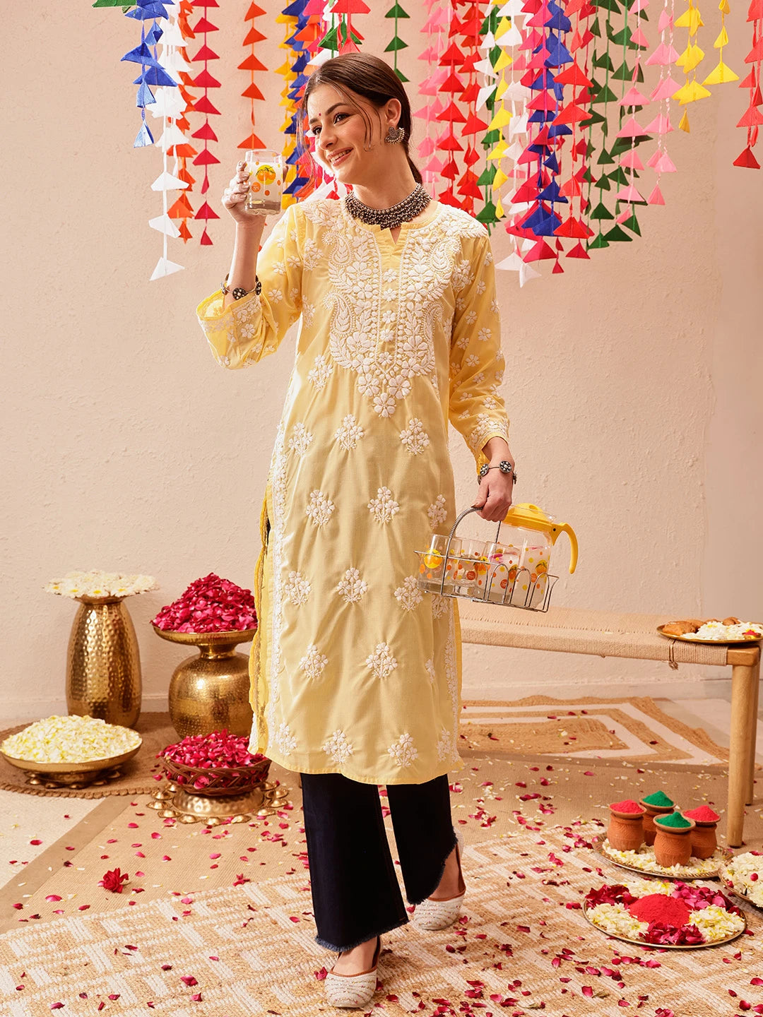 Ada Hand Embroidered Yellow Cotton Lucknowi Chikankari Straight Kurta A411696