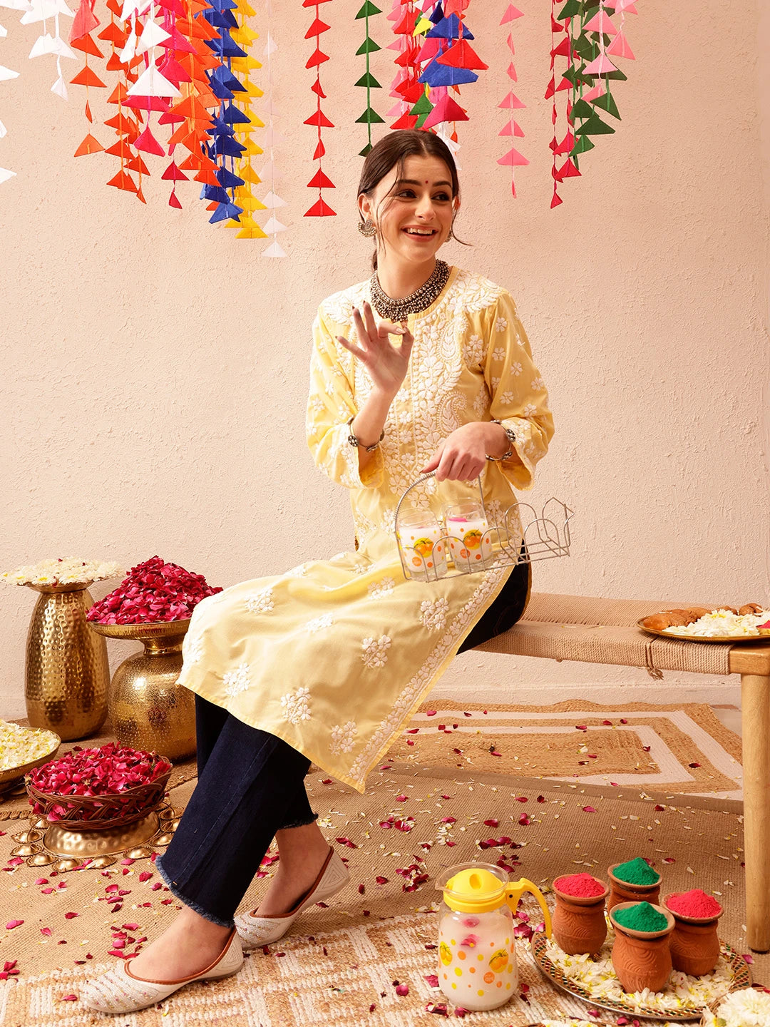 Ada Hand Embroidered Yellow Cotton Lucknowi Chikankari Straight Kurta A411696